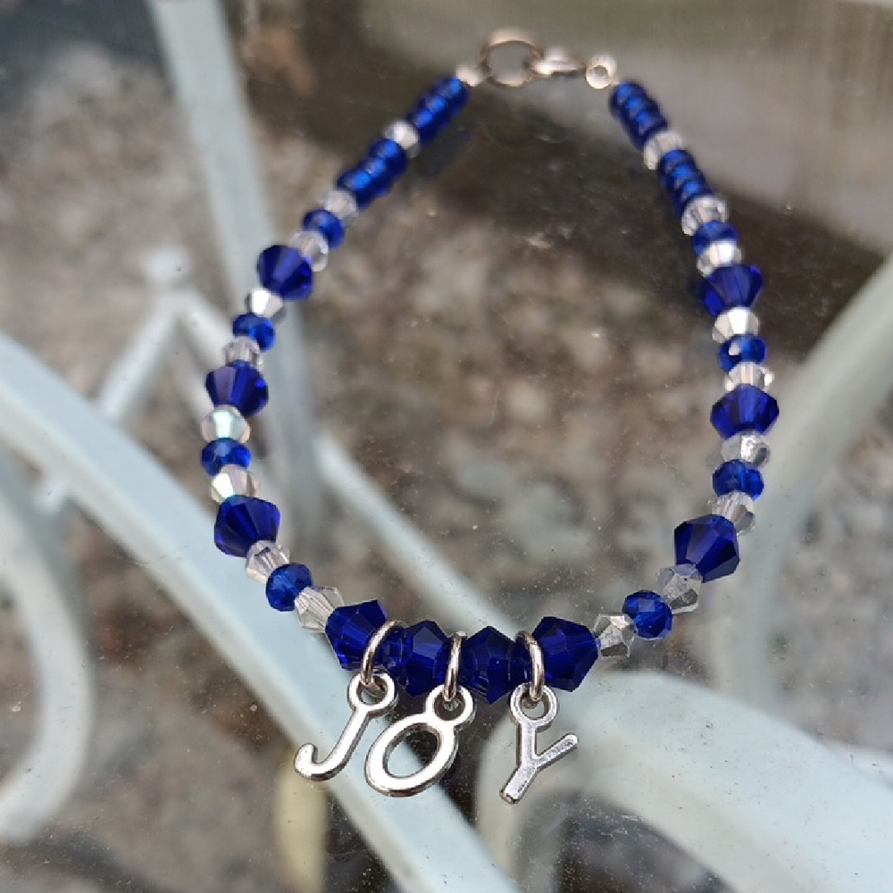 Blue and Silver Beaded Bracelet with Joy Charms